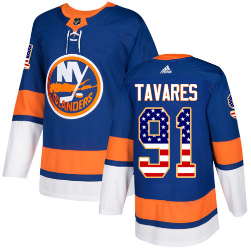 Adidas Islanders #91 John Tavares Royal Blue Home Authentic USA Flag Stitched NHL Jersey - Click Image to Close